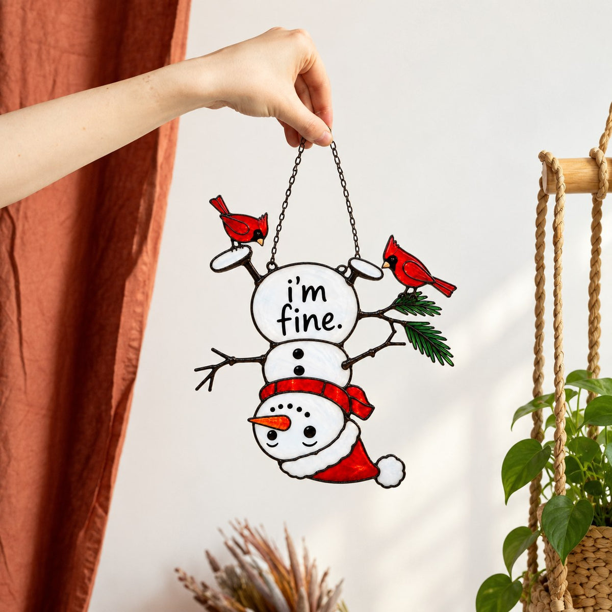 I'm Fine Upside-Down Snowman & Cardinals Holographic Acrylic Suncatcher