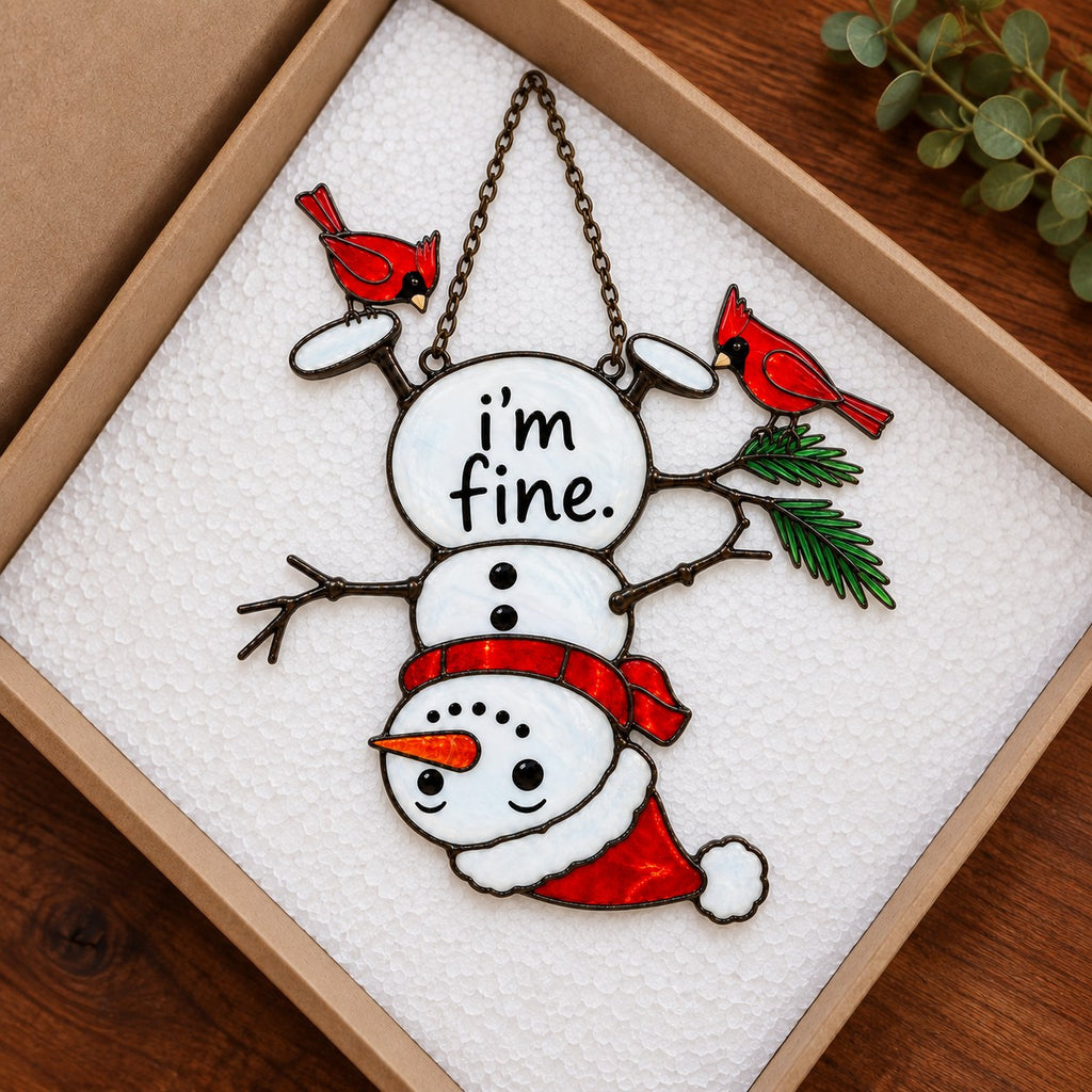 I'm Fine Upside-Down Snowman & Cardinals Holographic Acrylic Suncatcher