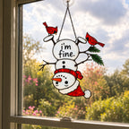 I'm Fine Upside-Down Snowman & Cardinals Holographic Acrylic Suncatcher
