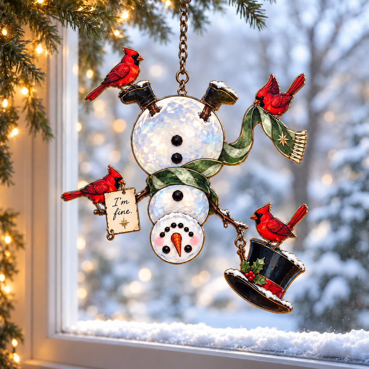 I'm Fine Snowman Head Over Heels with Four Cardinals Holographic Acrylic Suncatcher
