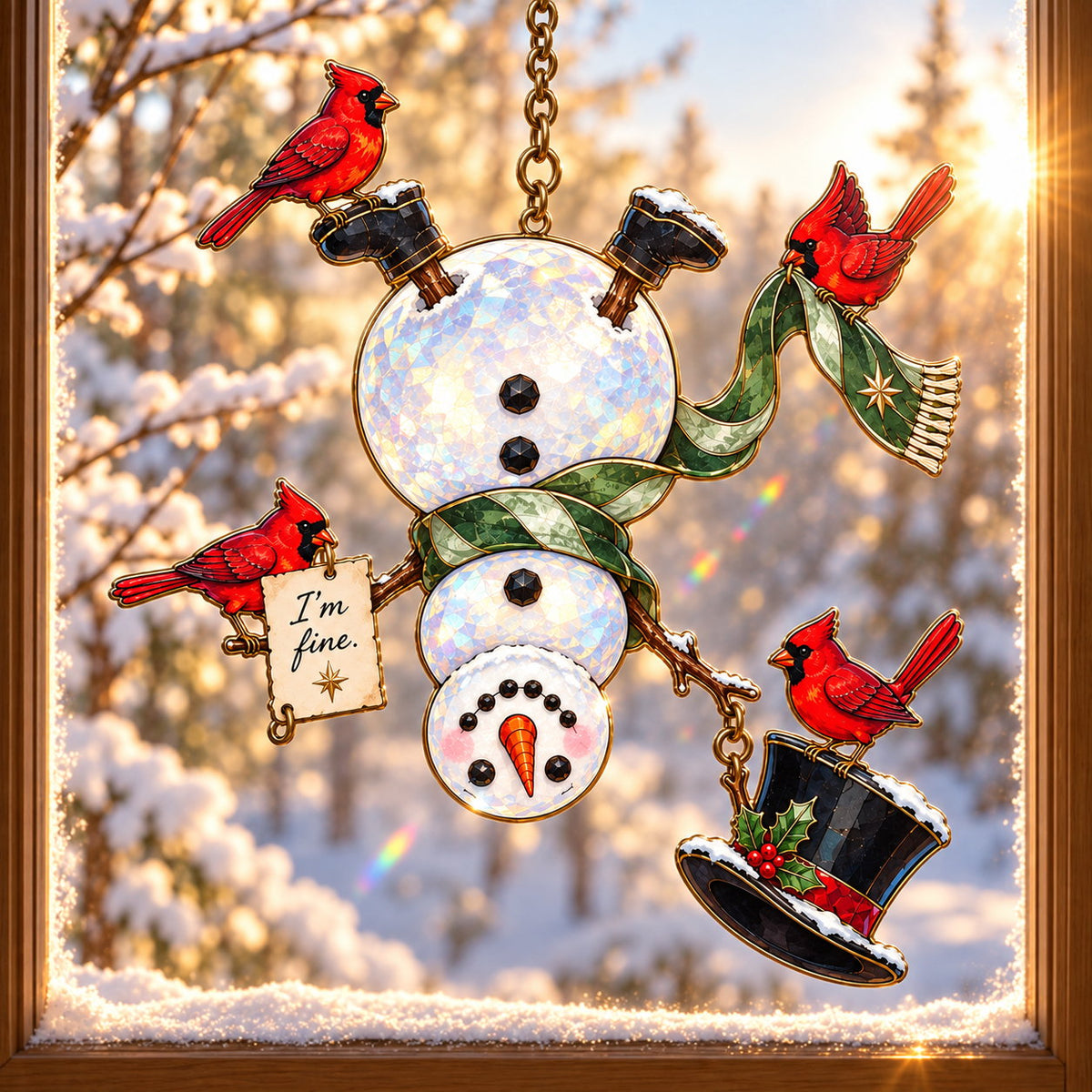 I'm Fine Snowman Head Over Heels with Four Cardinals Holographic Acrylic Suncatcher