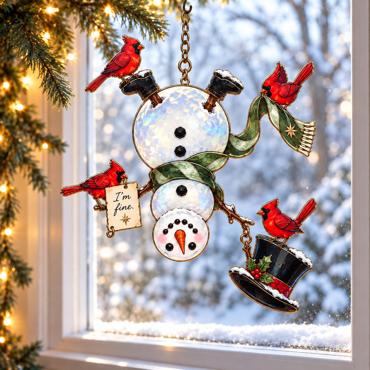 I'm Fine Snowman Head Over Heels with Four Cardinals Holographic Acrylic Suncatcher