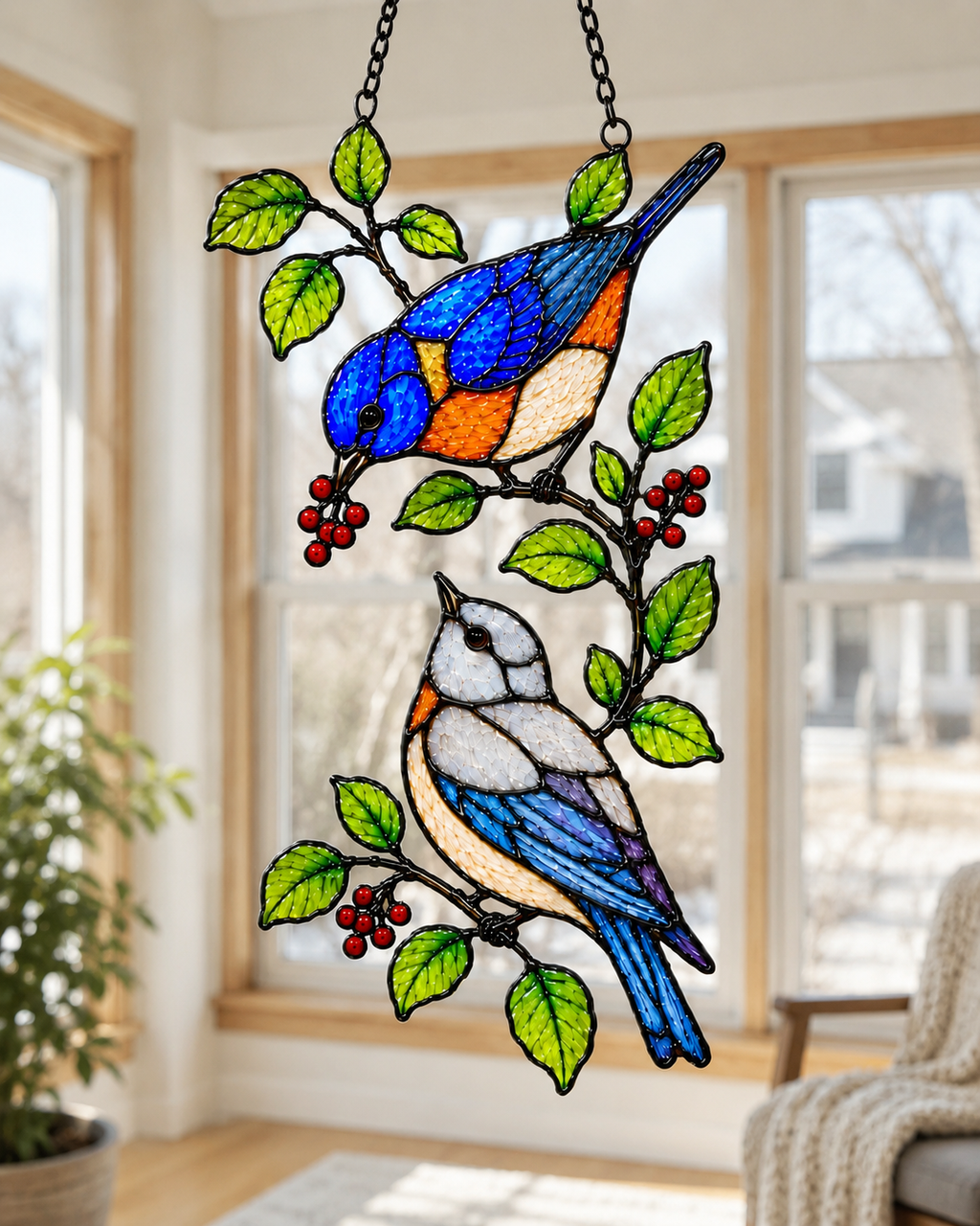 Bluebirds & Winter Berry Branch Holographic Acrylic Suncatcher
