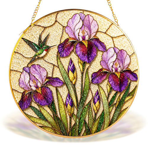Purple iris hummingbird gold frame suncatcher hanging in a sunny window