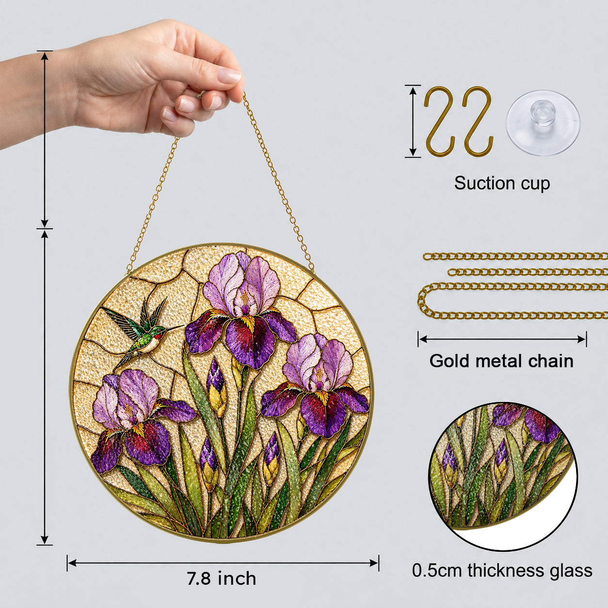 Iris hummingbird suncatcher lifestyle window view