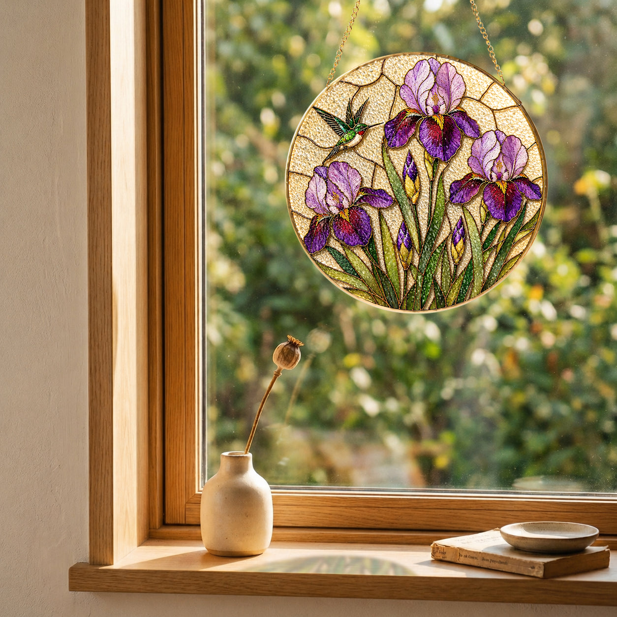 Iris hummingbird stained glass suncatcher in a bright window