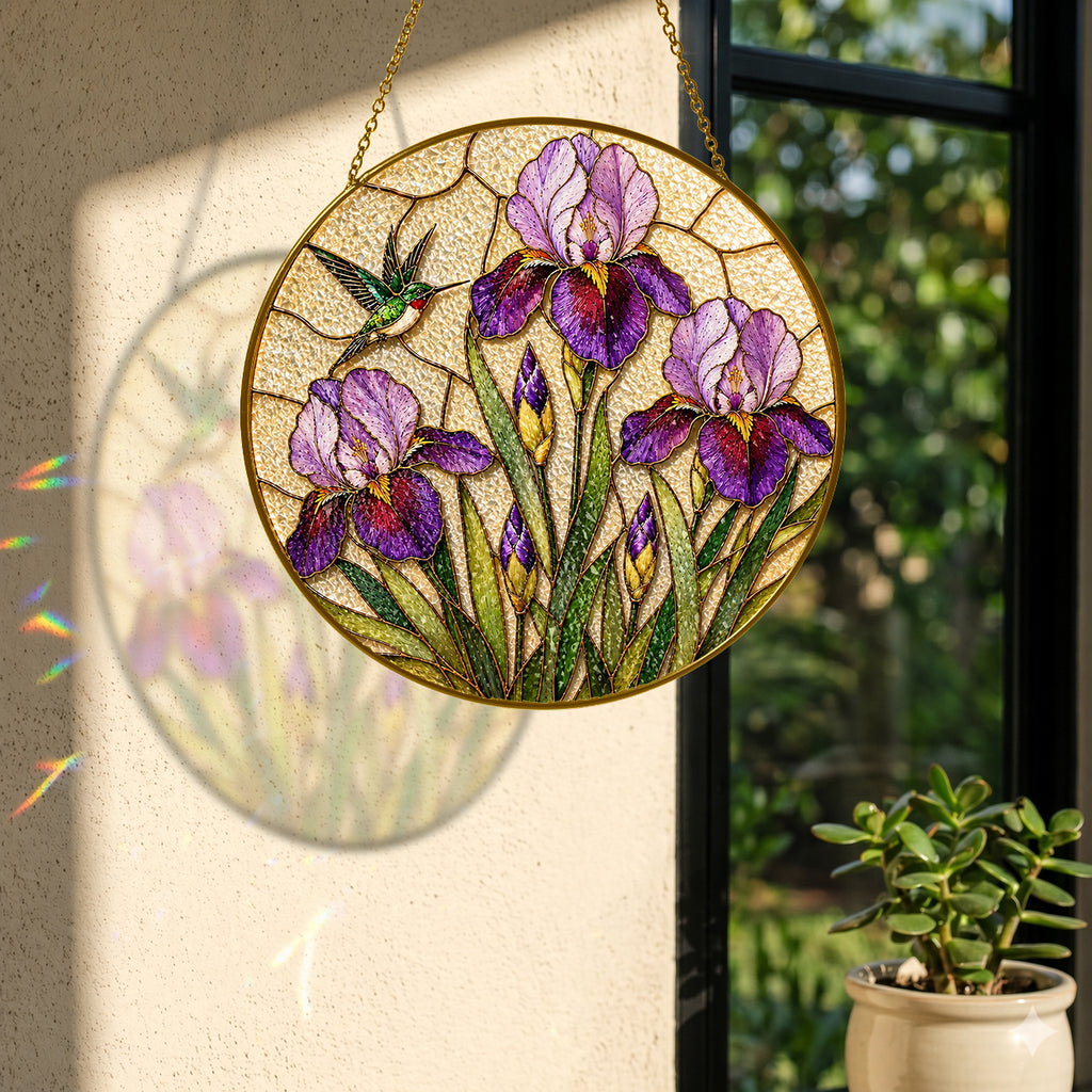 Iris hummingbird suncatcher with colorful light reflection