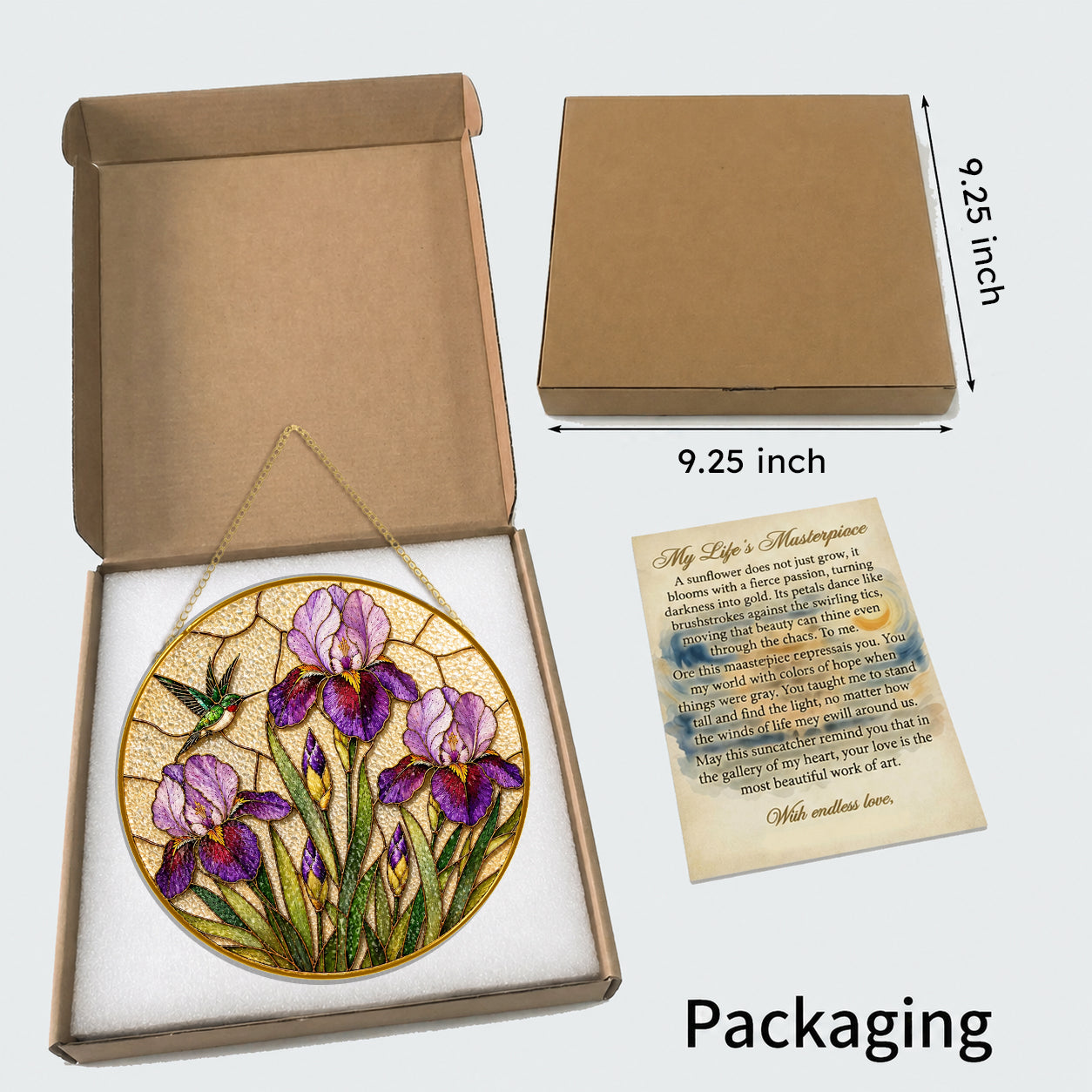 Iris hummingbird gold frame suncatcher detail