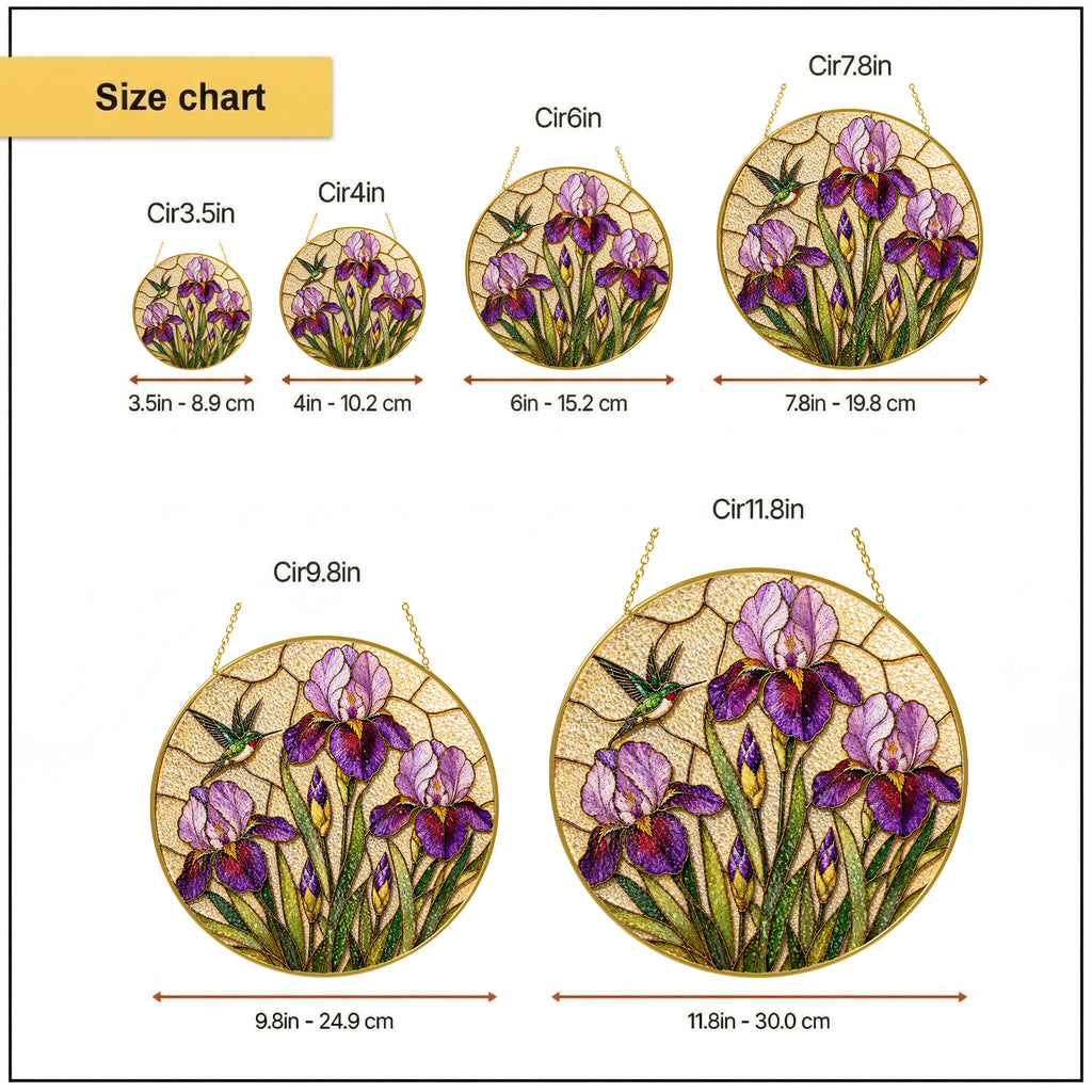 Iris hummingbird suncatcher size chart with 3.5, 4, 6, 7.8, 9.8, and 11.8 inch options