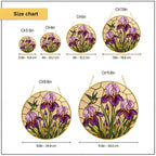 Iris hummingbird suncatcher size chart with 3.5, 4, 6, 7.8, 9.8, and 11.8 inch options