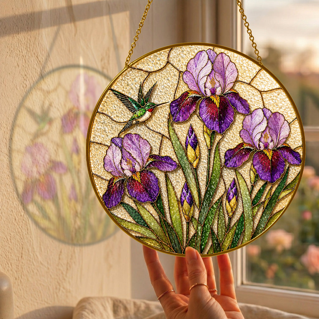 Iris hummingbird suncatcher close-up of textured glass