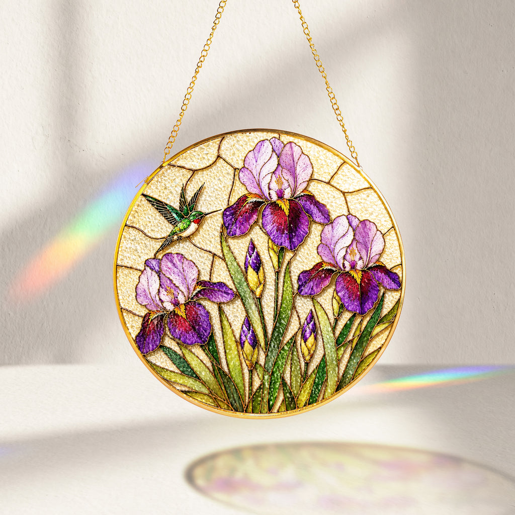 Iris hummingbird suncatcher with gold chain and suction cup