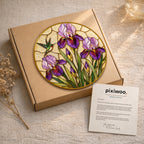 Iris hummingbird stained glass suncatcher on Pixiwoo gift packaging