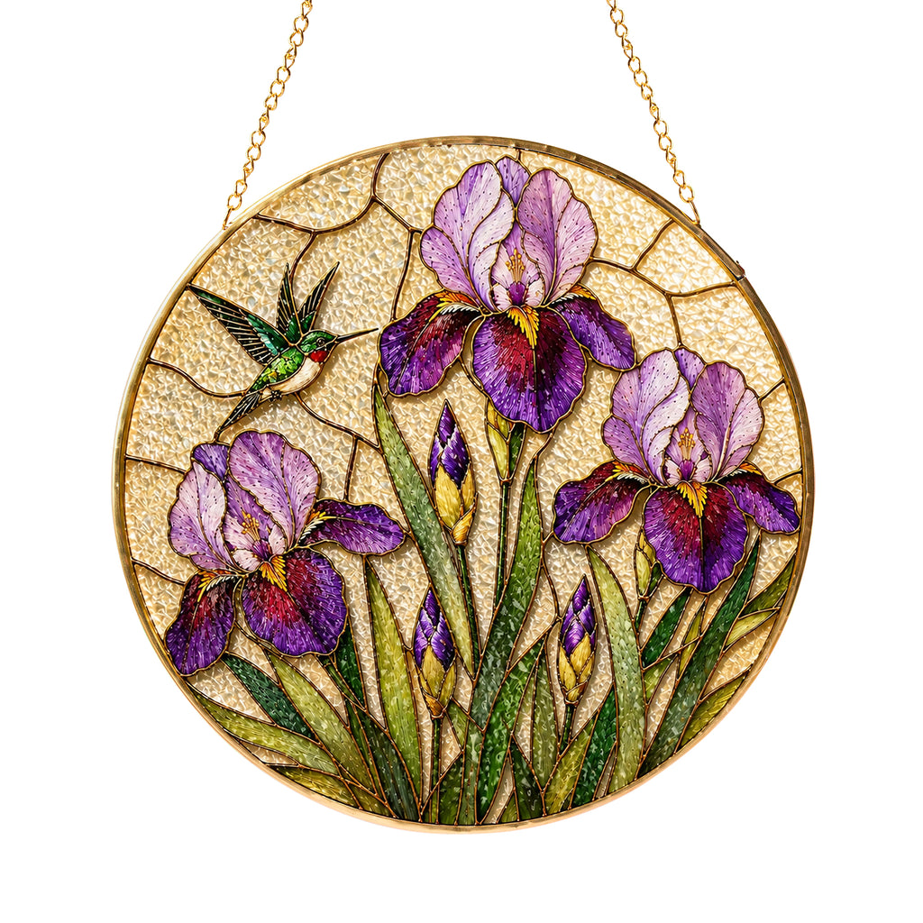 Iris hummingbird gold frame suncatcher product view