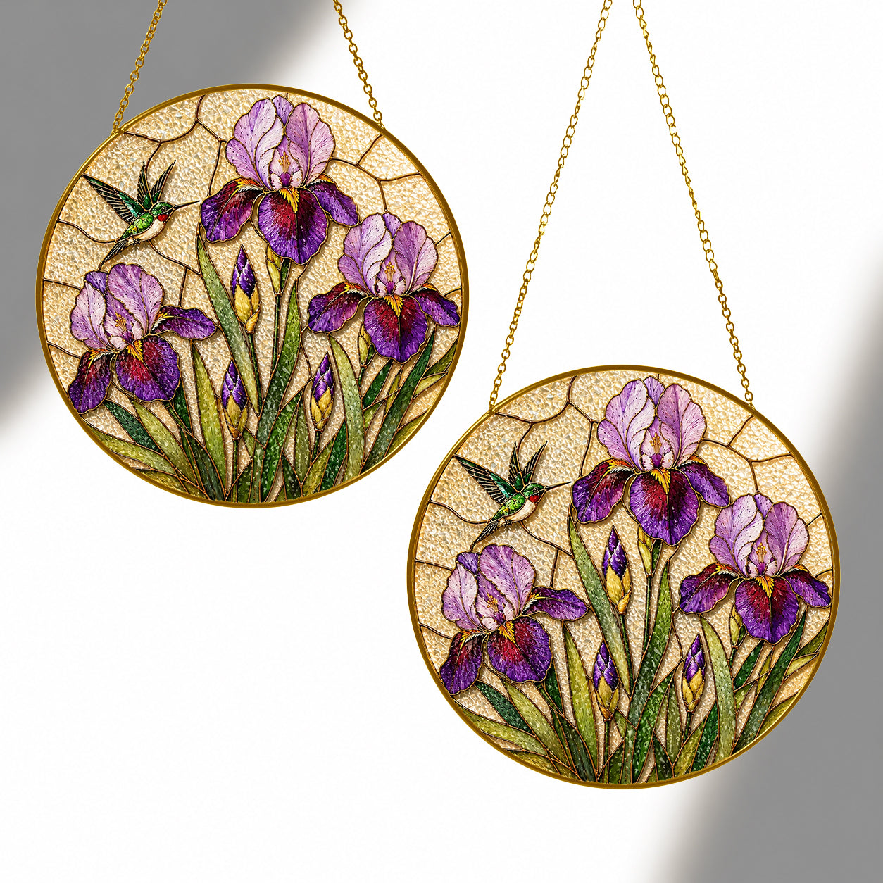 Iris hummingbird suncatcher shown in two sizes
