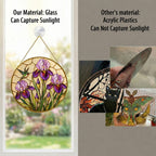 Real glass iris suncatcher compared with acrylic, glass captures sunlight