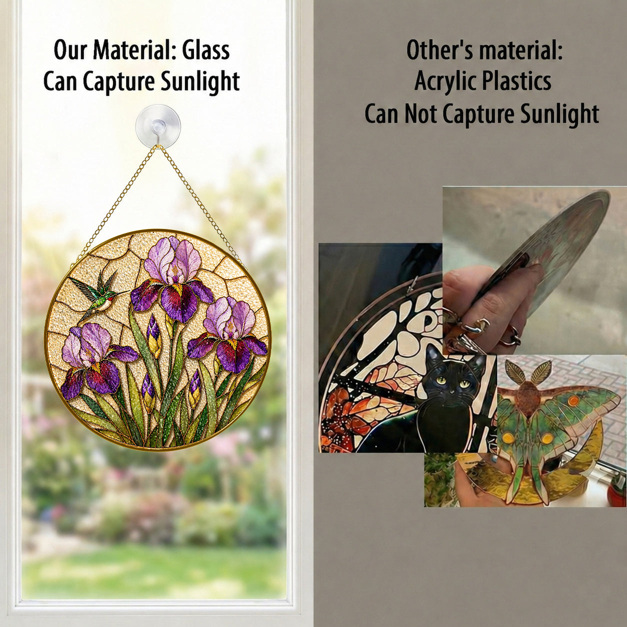 Real glass iris suncatcher compared with acrylic, glass captures sunlight