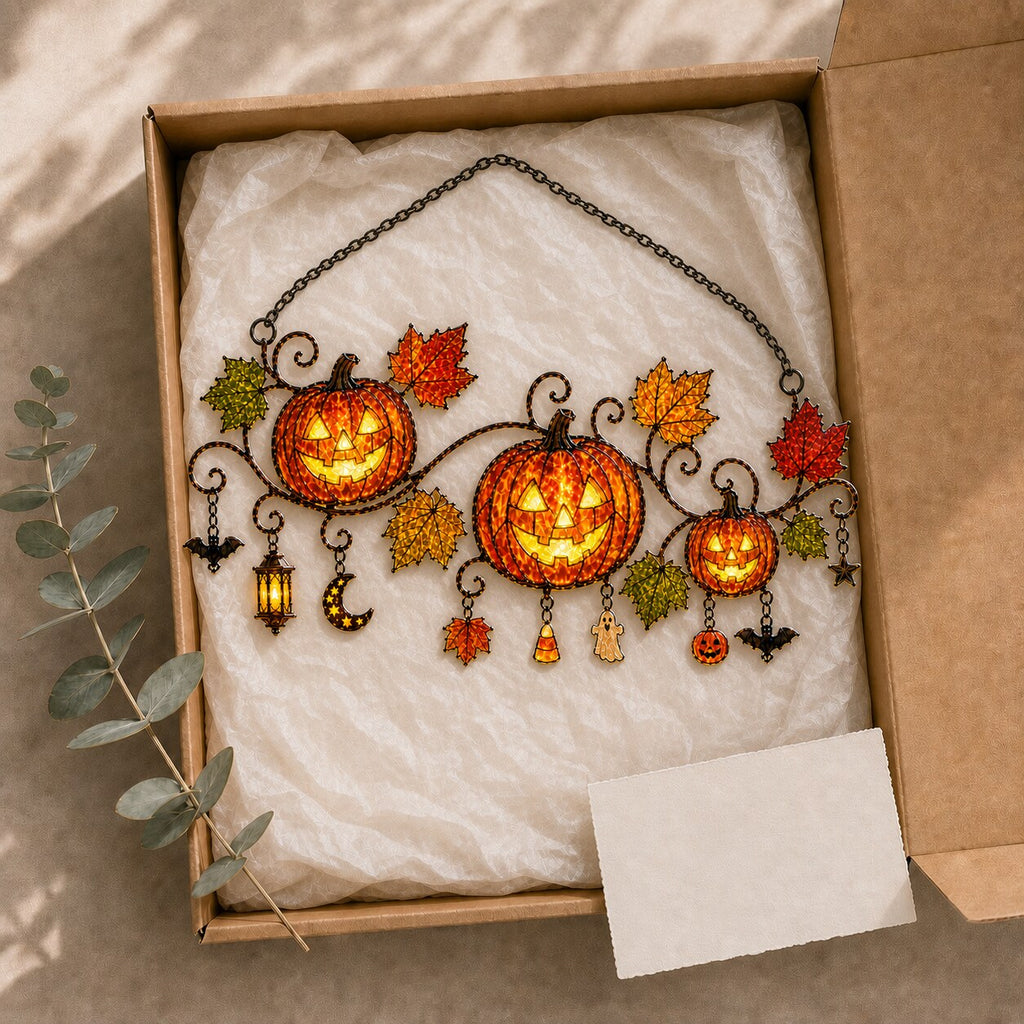Pumpkins with Autumn Vine & Charms Holographic Acrylic Suncatcher