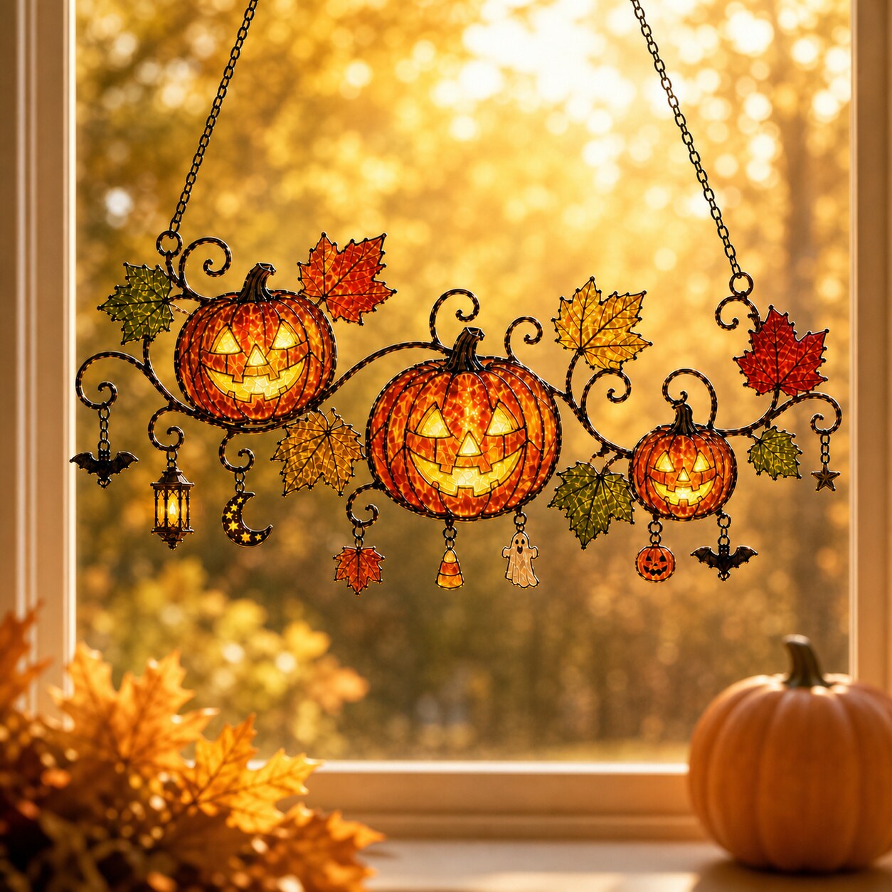 Pumpkins with Autumn Vine & Charms Holographic Acrylic Suncatcher