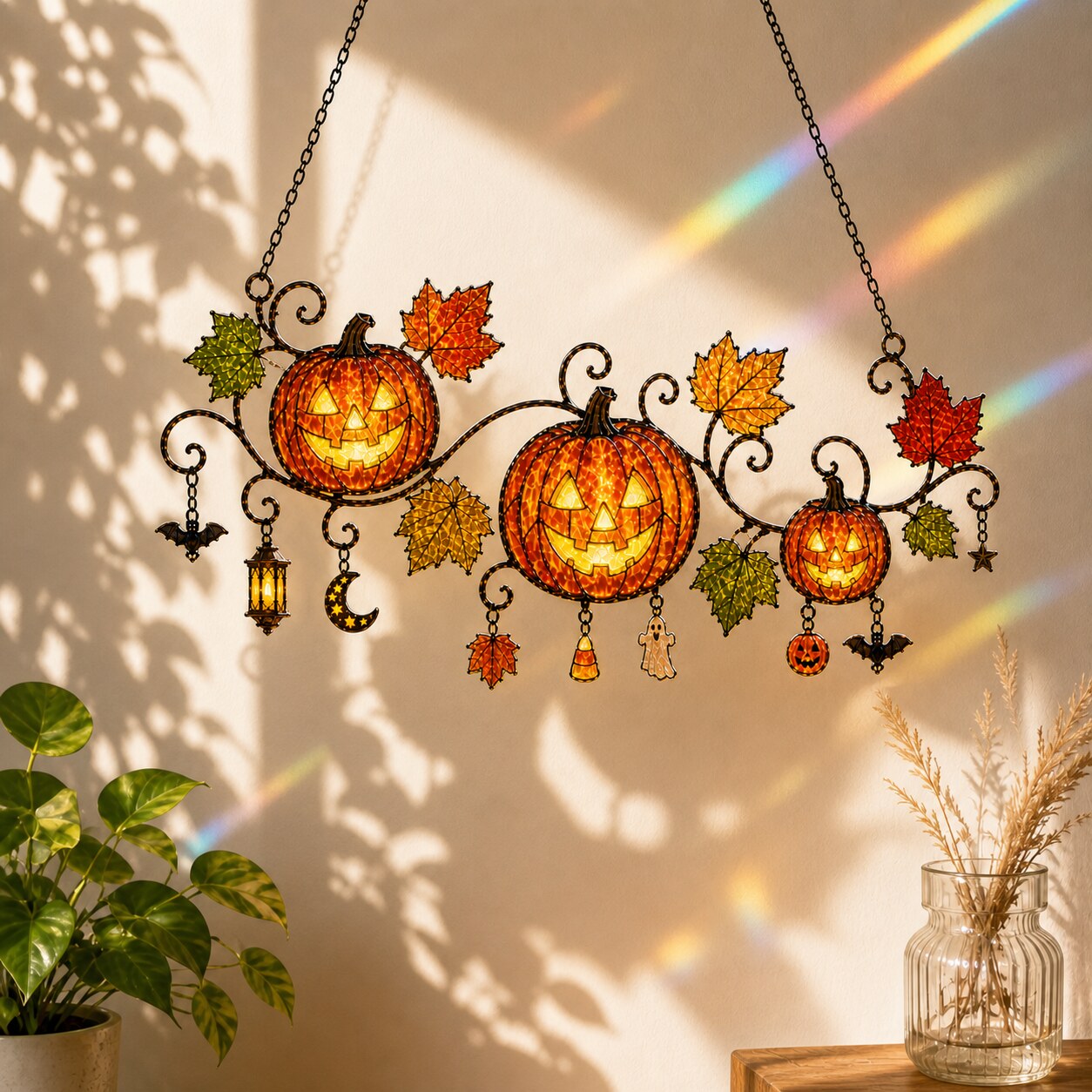 Pumpkins with Autumn Vine & Charms Holographic Acrylic Suncatcher