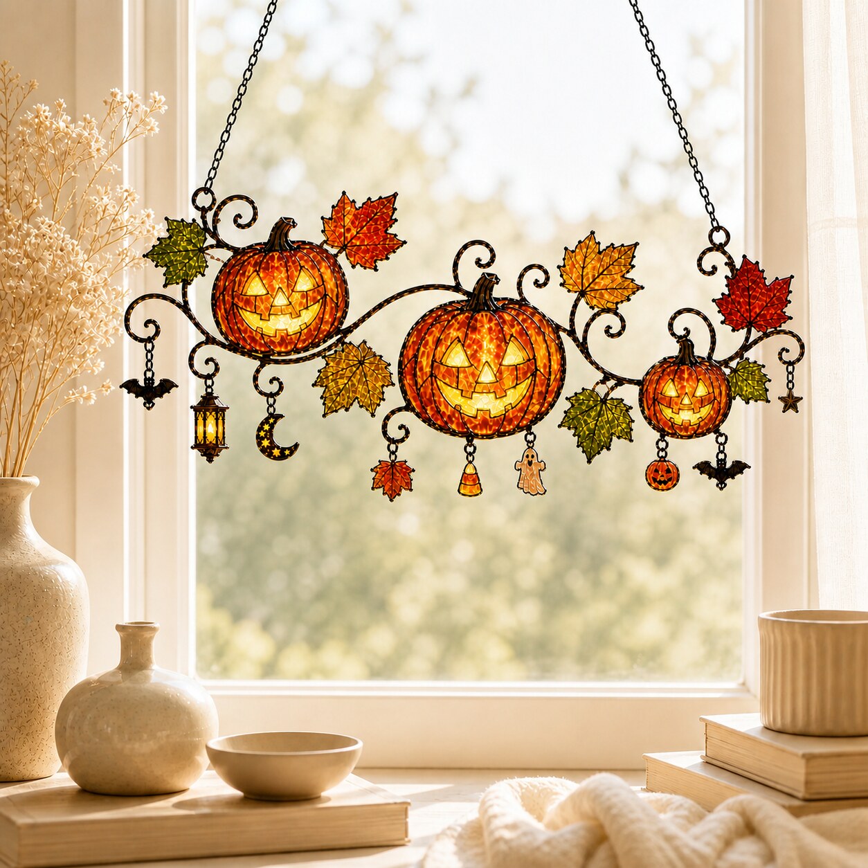 Pumpkins with Autumn Vine & Charms Holographic Acrylic Suncatcher