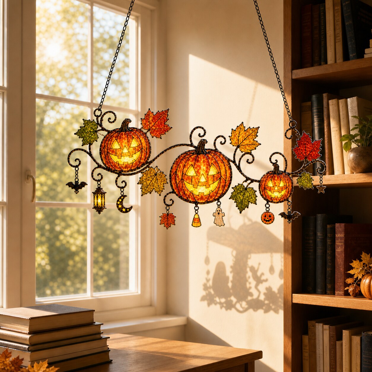 Pumpkins with Autumn Vine & Charms Holographic Acrylic Suncatcher
