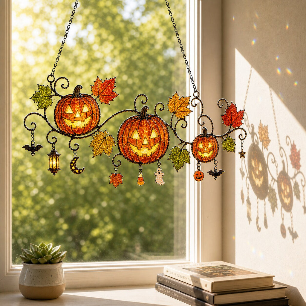 Pumpkins with Autumn Vine & Charms Holographic Acrylic Suncatcher