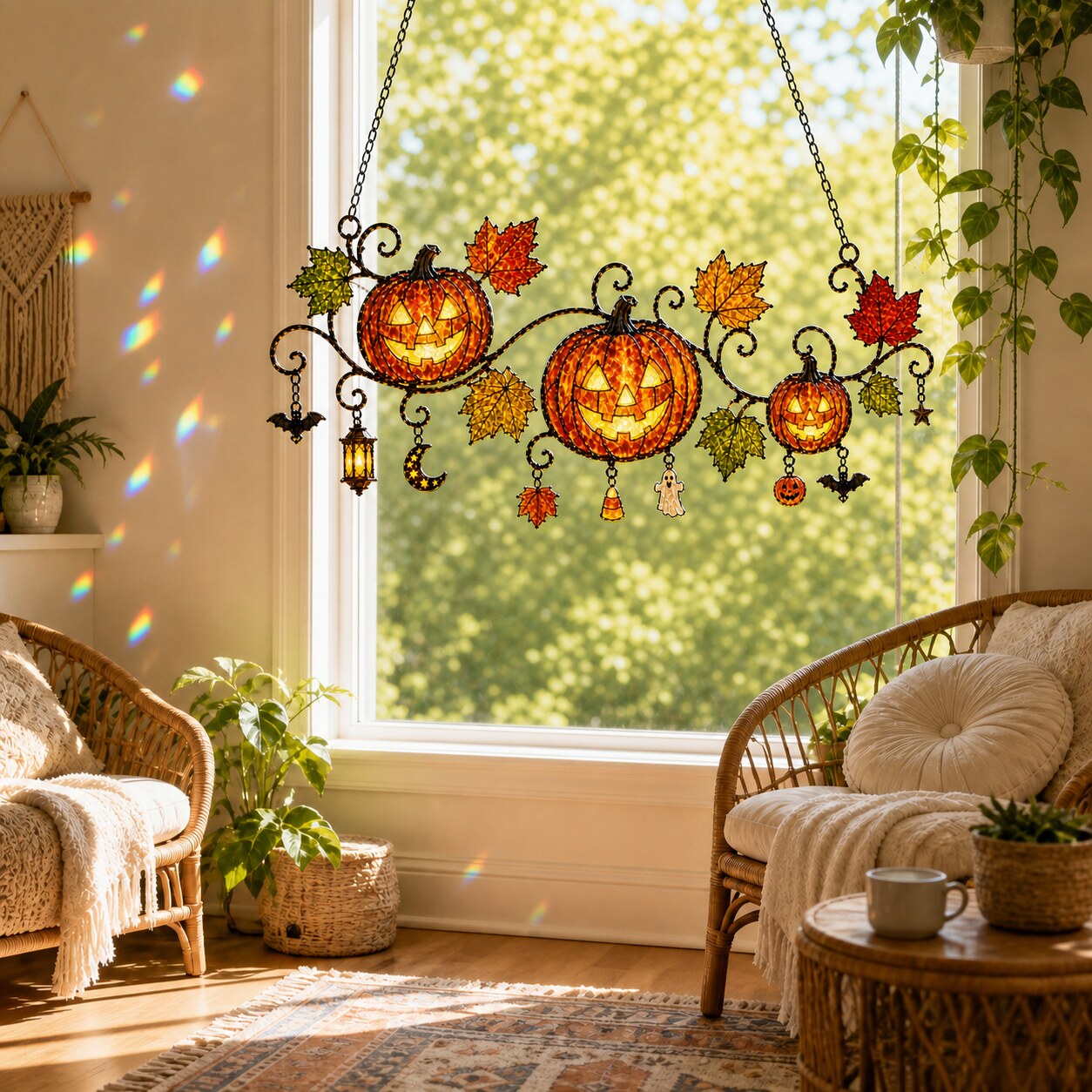 Pumpkins with Autumn Vine & Charms Holographic Acrylic Suncatcher
