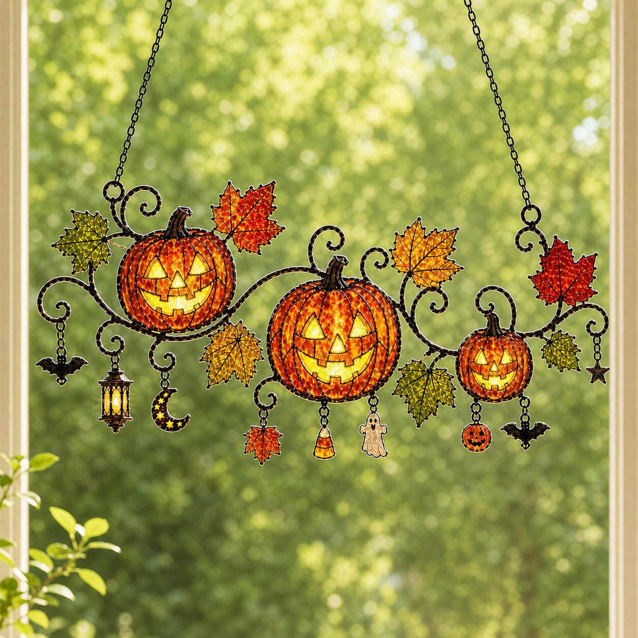 Pumpkins with Autumn Vine & Charms Holographic Acrylic Suncatcher
