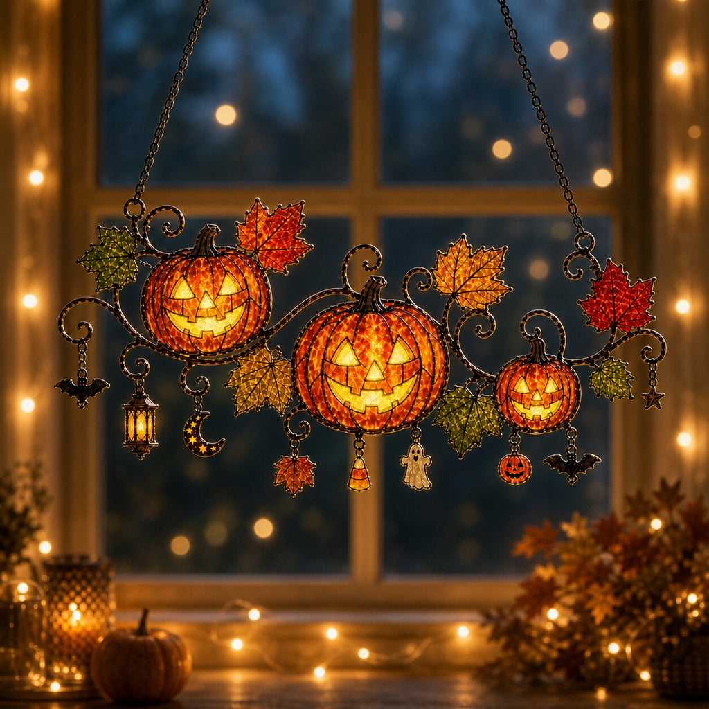 Pumpkins with Autumn Vine & Charms Holographic Acrylic Suncatcher