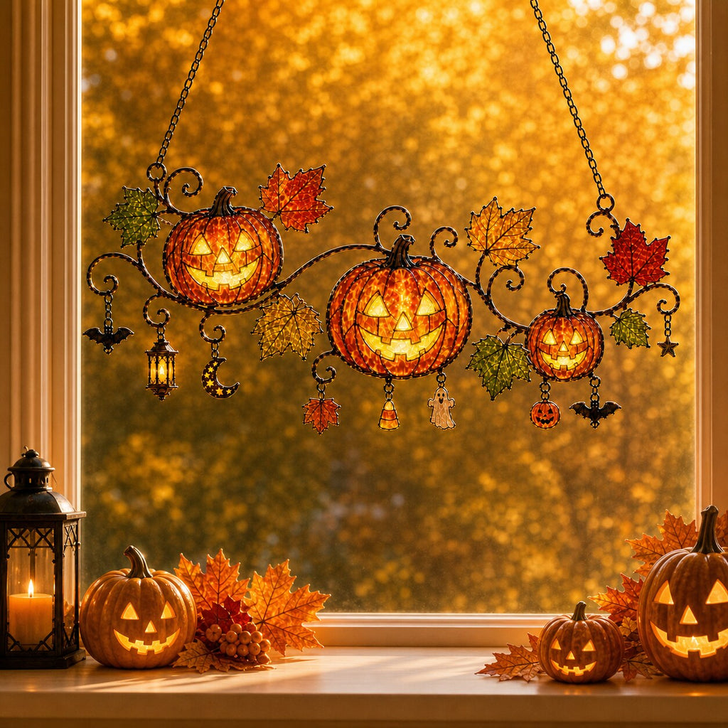 Pumpkins with Autumn Vine & Charms Holographic Acrylic Suncatcher