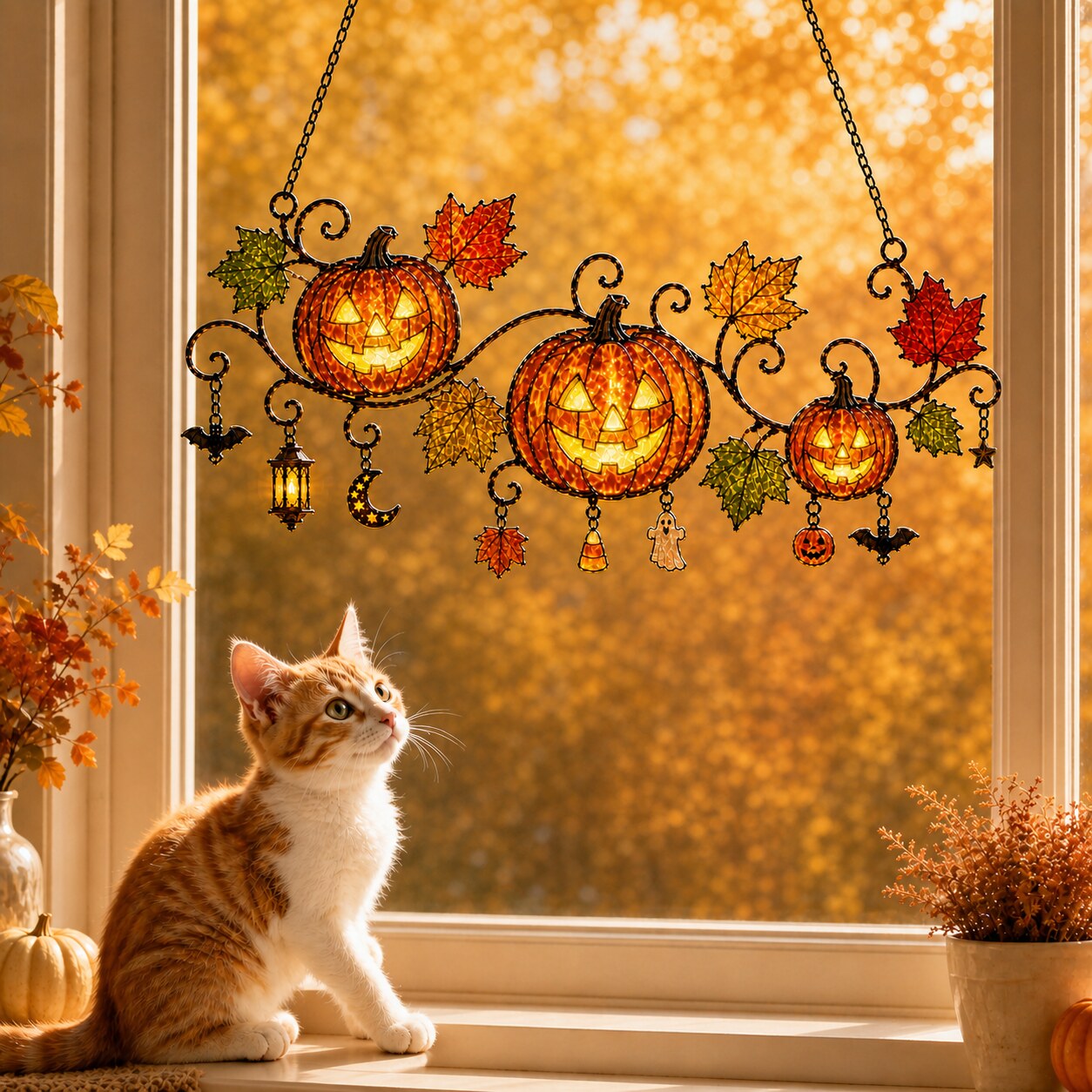 Pumpkins with Autumn Vine & Charms Holographic Acrylic Suncatcher