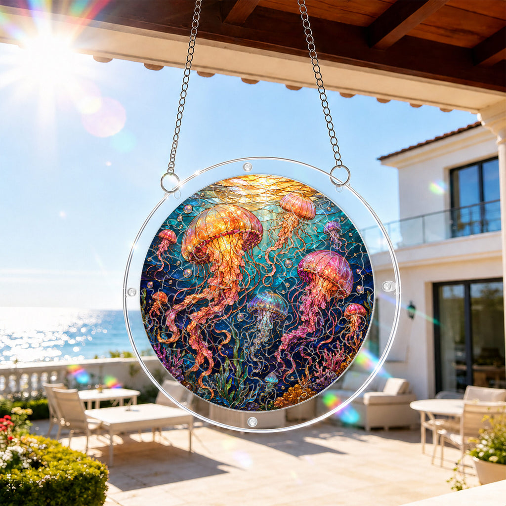 Jellyfish acrylic puzzle suncatcher, colorful DIY ocean window decor