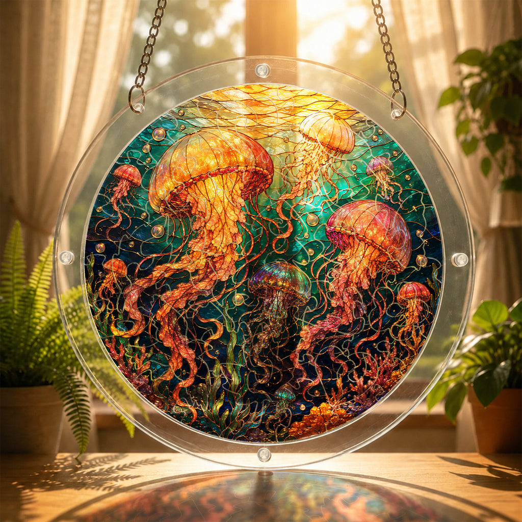 Jellyfish acrylic puzzle suncatcher, colorful DIY ocean window decor
