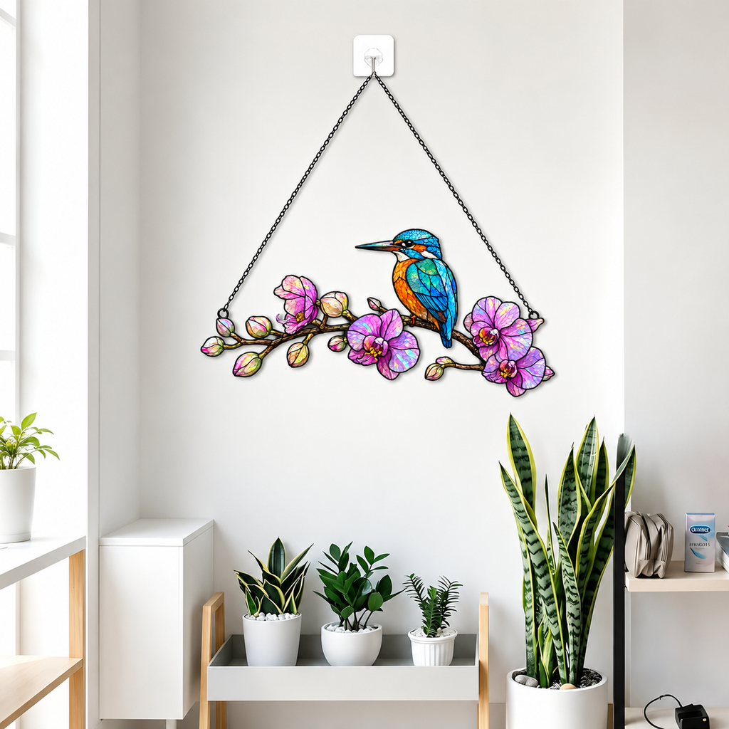 Kingfisher and orchid holographic acrylic suncatcher reflecting rainbow light across a room