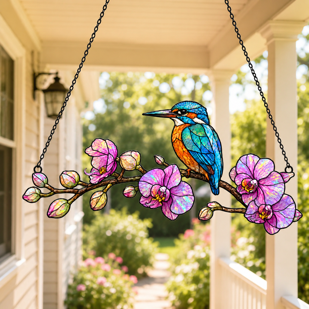 Kingfisher and orchid holographic suncatcher as a bird and garden lover gift idea