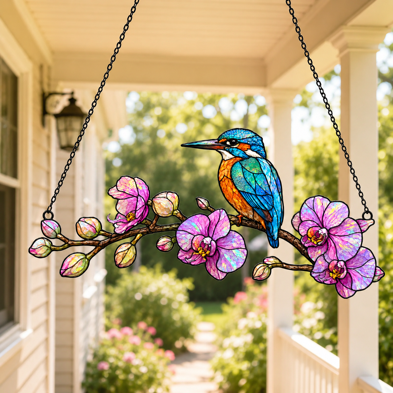 Kingfisher and orchid holographic suncatcher as a bird and garden lover gift idea