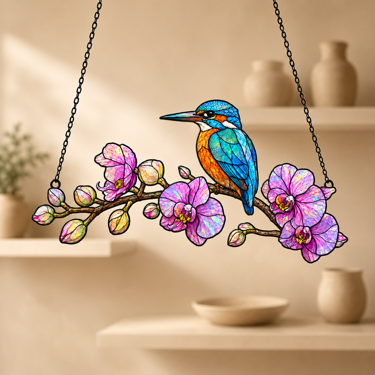 Kingfisher and orchid acrylic suncatcher available in 6, 8, 10 and 12 inch sizes