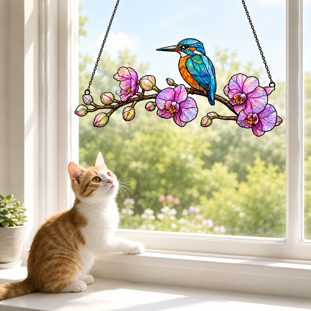 Kingfisher and orchid holographic suncatcher displayed indoors as a nature-inspired window hanging
