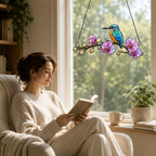 Double-sided kingfisher and orchid holographic acrylic suncatcher glowing in natural light