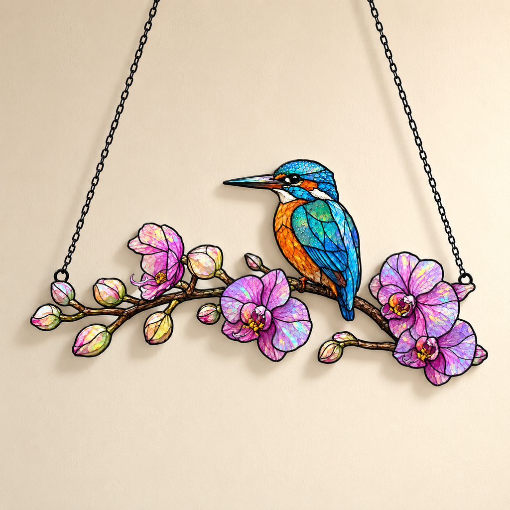 Kingfisher and orchid holographic suncatcher shown full size, ready to hang with cord