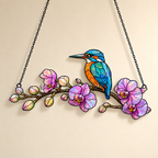 Kingfisher and orchid holographic suncatcher shown full size, ready to hang with cord