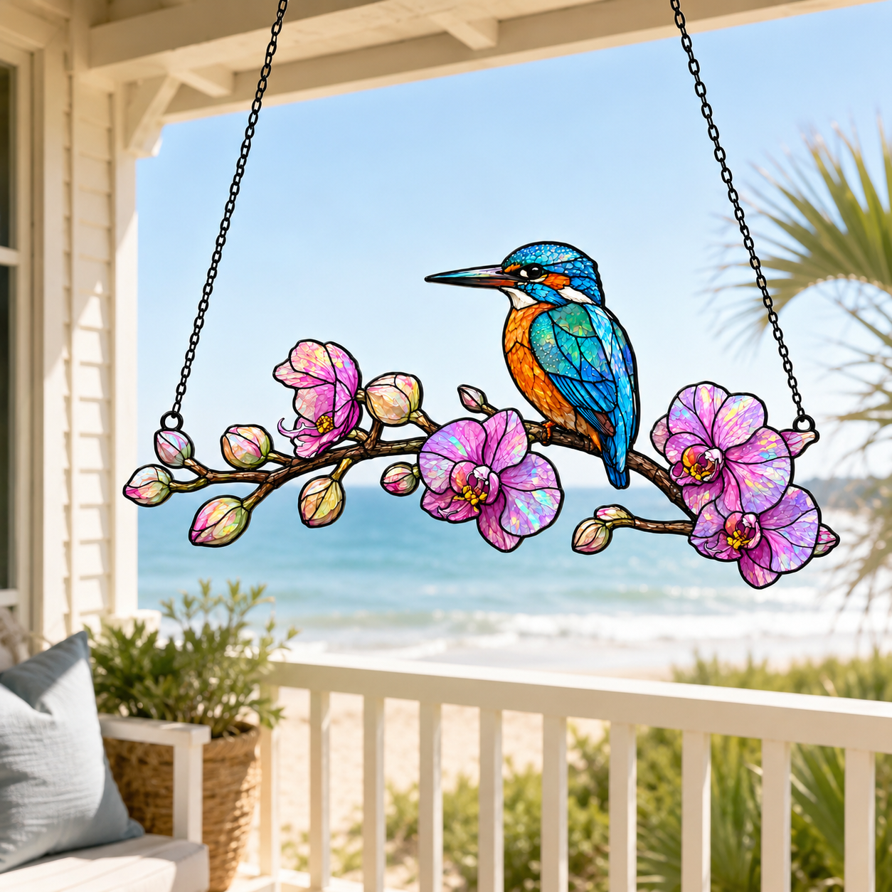 Kingfisher and orchid holographic acrylic suncatcher with rainbow broken-glass hologram finish, hanging window ornament