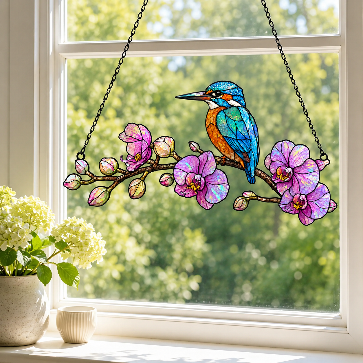 Kingfisher and orchid acrylic suncatcher hanging in a sunlit window as home decor
