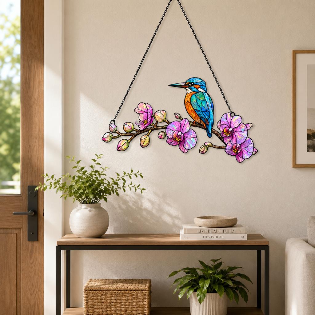 Close-up detail of the kingfisher and orchid holographic acrylic suncatcher's wavy acrylic and hologram texture
