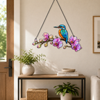 Close-up detail of the kingfisher and orchid holographic acrylic suncatcher's wavy acrylic and hologram texture