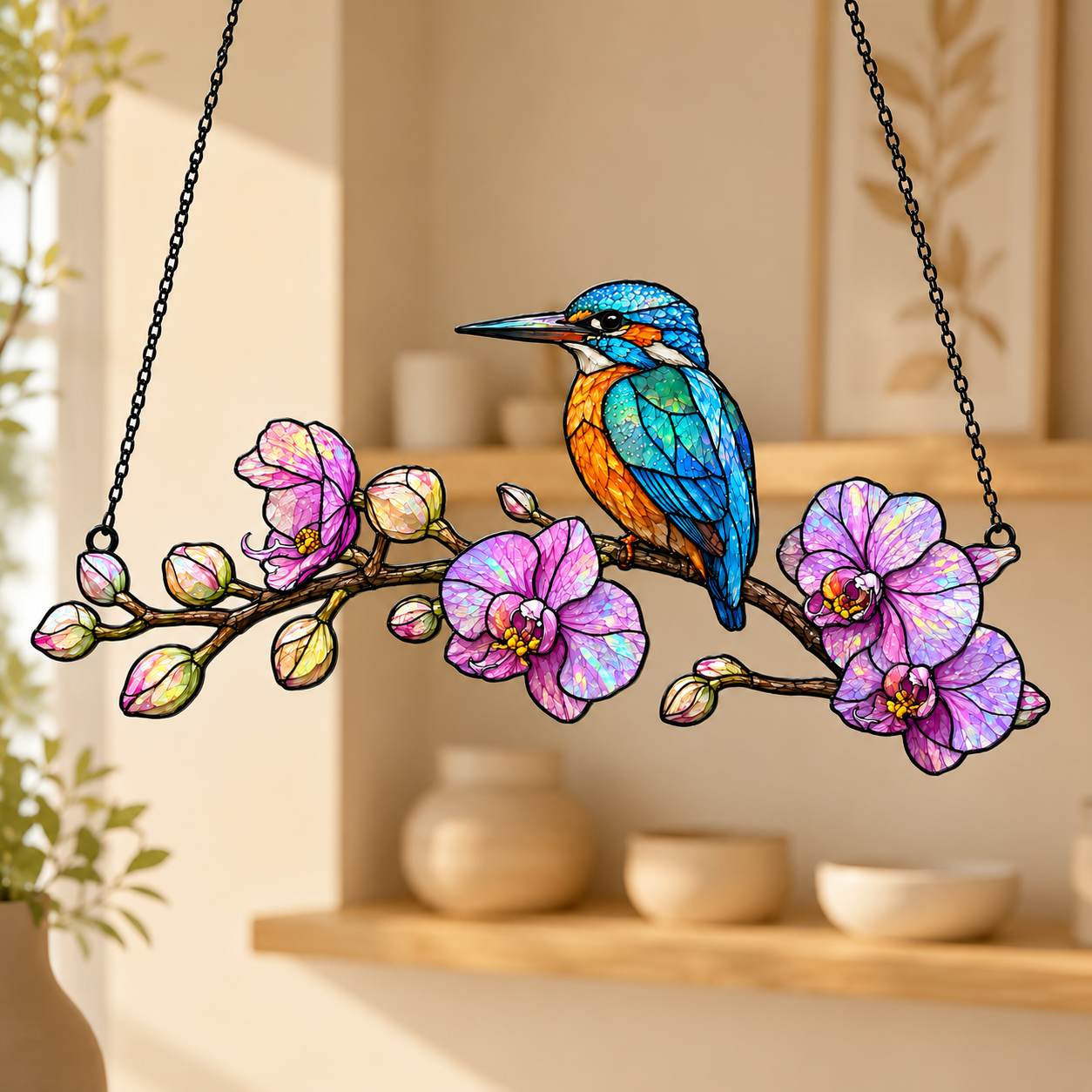 Kingfisher and orchid holographic suncatcher catching sunlight and casting rainbow reflections in a window