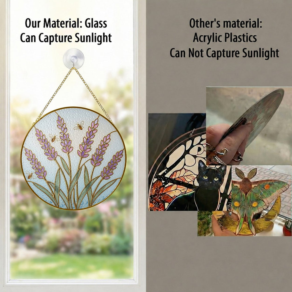 Real glass lavender suncatcher compared with acrylic, glass captures sunlight
