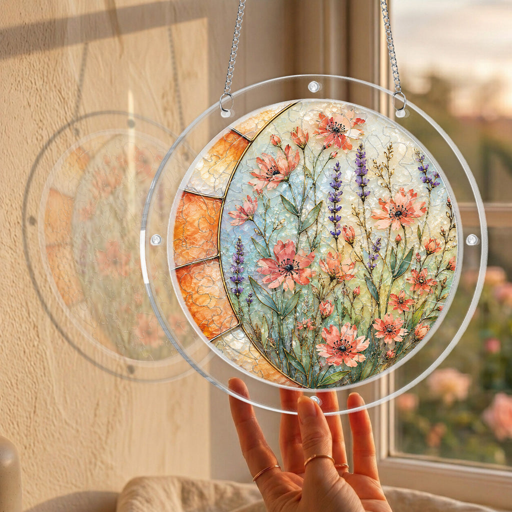 Lavender wildflowers acrylic puzzle suncatcher, colorful DIY floral window decor