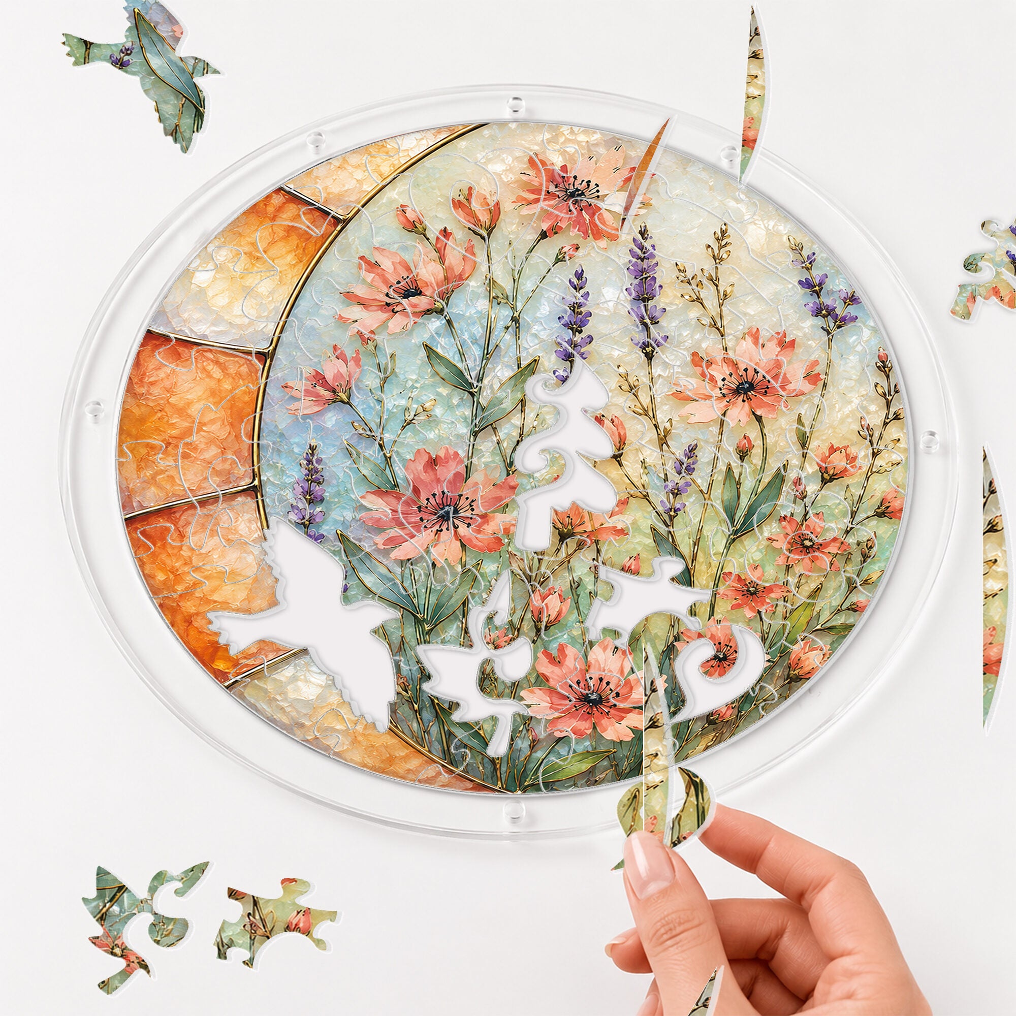Lavender wildflowers acrylic puzzle suncatcher, colorful DIY floral window decor